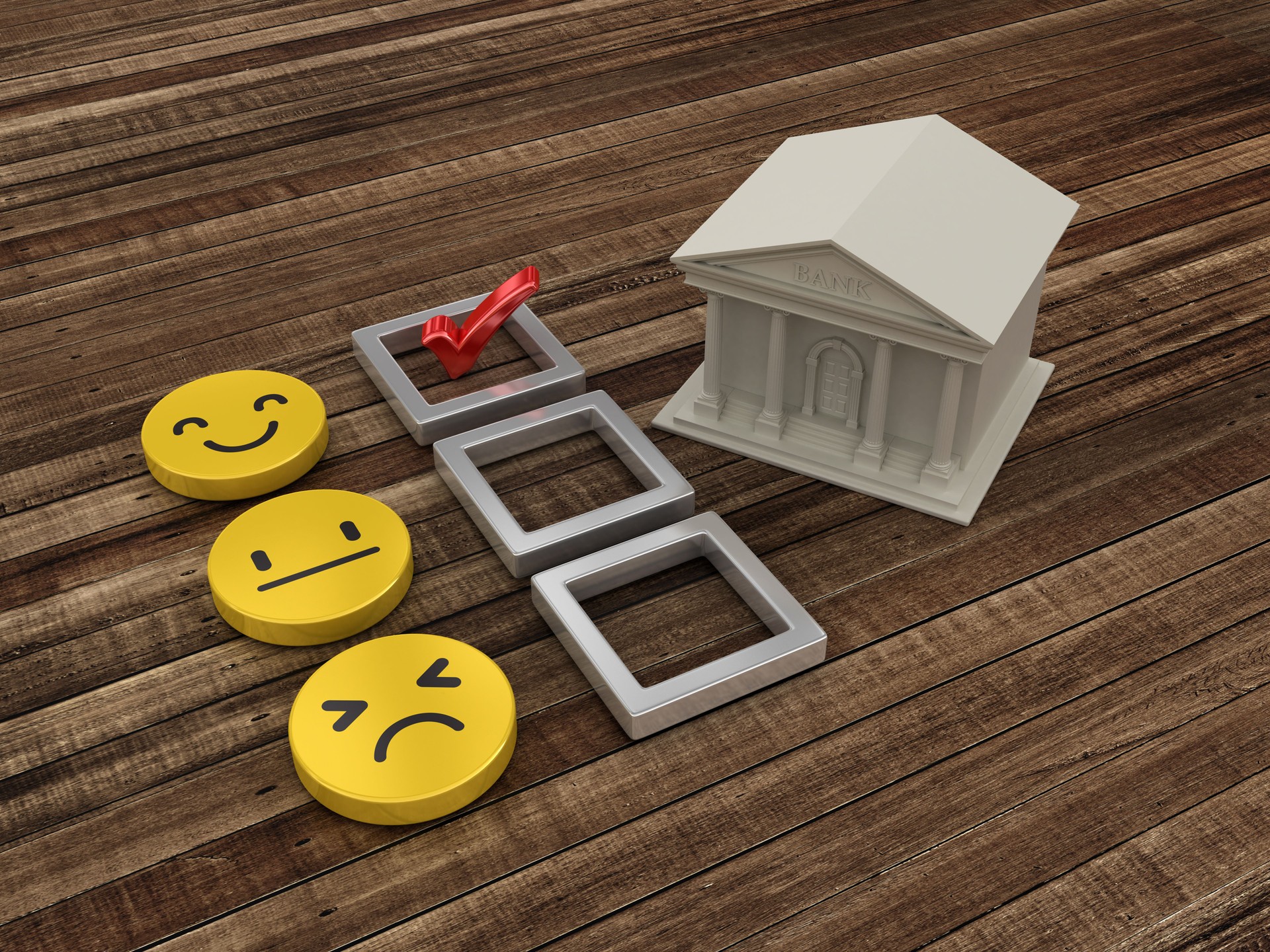 Bankgebäude mit Survey-Feedback-Checkliste mit Bleistift - 3D Rendering